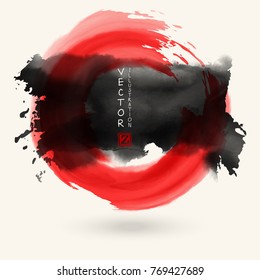 Schwarze und rote Tinte, runder Strich auf weißem Hintergrund. Japanischer Stil. Vektorgrafik von farbigen Kreisflecken