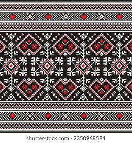 A black and red knitted pattern with hearts, repeated seamless border