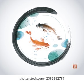 Black and red koi carps in black enso zen circle Classic scene of Japanese aquatic life. Traditional Japanese ink wash painting sumi-e. Hieroglyph - double luck