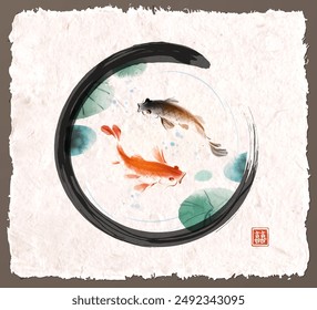 Black and red koi carps in black enso zen circle on vintage background. Classic scene of Japanese aquatic life. Traditional Japanese ink wash painting sumi-e. Hieroglyph - double luck