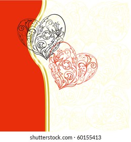 black and red lacy hearts on asymmetric white-red background
