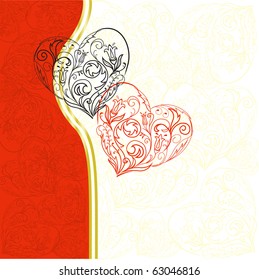 black and red lacy hearts on asymmetric white-red background