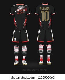 Black and red layout football sport t-shirt design. Template front, back view. Soccer kit national team shirt mock up. Vector Illustration.