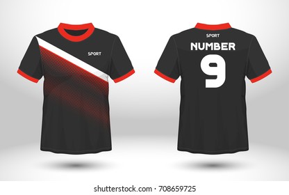 Black And Red Layout Football Sport T-shirt Design. Template Front, Back View. Soccer Kit National Team Shirt Mock Up. Vector Illustration.