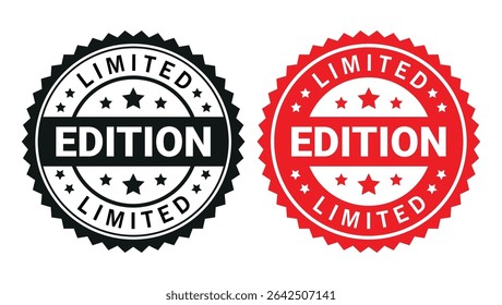 black and red limited edition badges in circular stamp style with stars and bold text design	
