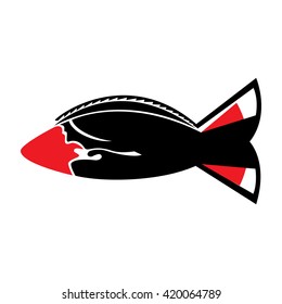 black and red logo fish