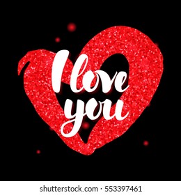 Black Red I Love You. Vector Illustration of Valentines Day Greeting Postcard with Calligraphy. Hand Drawn Design Elements. 
