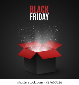 Black and red magic box for sale on a black Friday. Flying light particles and dust on a dark background. Special offer. Super sale. Vector illustration