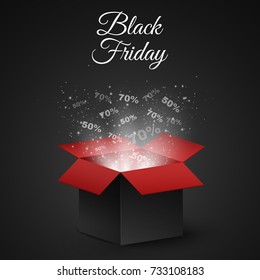 Black and red magic box for sale on a black Friday. Big discounts fly out of the box. Flying light particles and dust on a dark background. Special offer. Super sale. Vector illustration