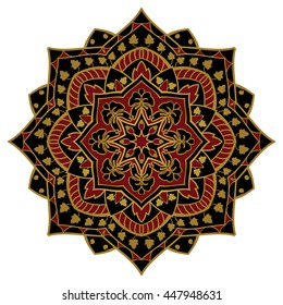 Black and red mandala. Oriental, elegant ornament with a gold contour on white background. 