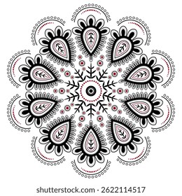 Ilustração de vetor mandala vermelho preto. Padrão de rendas redondas ornamentais de forro curvo. Ornamento folclórico com folhas e flores. Design de tatuagem étnica. Decoração calma para roupas, casa, escritório, artigos de papelaria