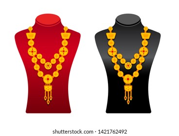 Black and red mannequins with gold necklaces. Cartoon vector stands, isolated on a white background.