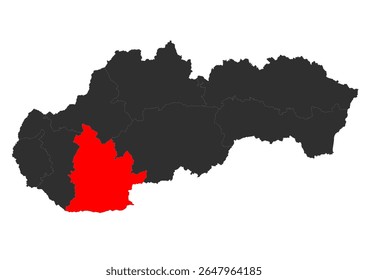  Um mapa preto e vermelho da Eslováquia, destacando a região de Nitra (Nitriansky kraj) em vermelho, indicando sua localização geográfica dentro do país. O mapa distingue claramente a região
