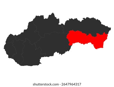  mapa preto e vermelho da Eslováquia, destacando a região de Košice (Košický kraj) em vermelho, indicando a sua localização geográfica no país. O mapa distingue claramente a região específica da