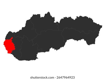 Um mapa preto e vermelho da Eslováquia, destacando a região de Bratislava (Bratislavský kraj) em vermelho, indicando a sua localização geográfica no país. O mapa distingue claramente a região específica