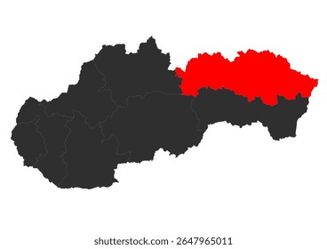 Um mapa preto e vermelho da Eslováquia, destacando a região de Prešov (Prešovský kraj) em vermelho, indicando a sua localização geográfica no país. O mapa distingue claramente a região