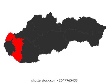 Um mapa preto e vermelho da Eslováquia, destacando a região de Trnava (Trnavský kraj) em vermelho, indicando a sua localização geográfica no país. O mapa distingue claramente a região 