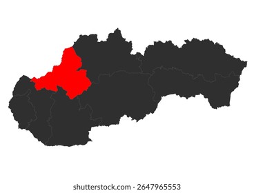 Um mapa preto e vermelho da Eslováquia, destacando a região de Trenčín (Trenčiansky kraj) em vermelho, indicando sua localização geográfica no país. O mapa distingue claramente a região específica de