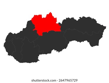 Um mapa preto e vermelho da Eslováquia, destacando a região de Banská Bystrica (Banskobystrický kraj) em vermelho, indicando a sua localização geográfica no país. O mapa distingue claramente as especificações