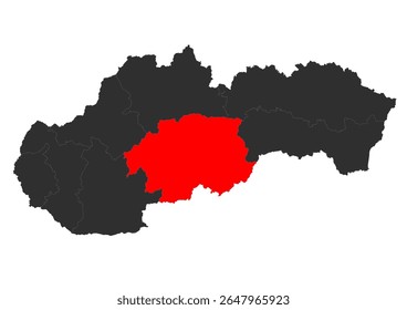 Um mapa preto e vermelho da Eslováquia, destacando a região de Banská Bystrica (Banskobystrický kraj) em vermelho, indicando a sua localização geográfica no país. O mapa distingue claramente as especificações