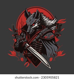 logotipo de mascota negra y roja de un lobo samurai