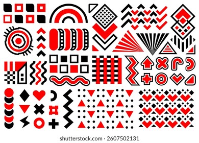 Black and red Memphis design elements, abstract shapes and patterns. Modern shapes, universal shapes and figures for any design project.