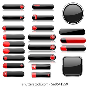 Black and red menu buttons. Interface elements with metal frame. Vector 3d illustration isolated on white background