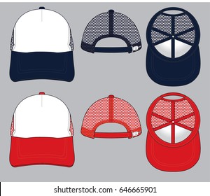 Black And Red Mesh Trucker Cap Vector For Template.