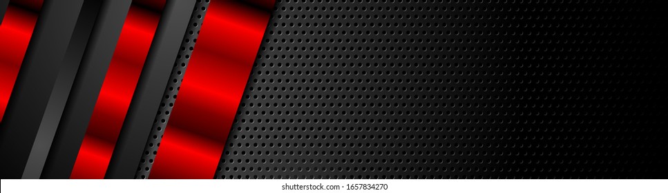 Black and red metal stripes on dark perforated background. Vector hi-tech geometric design