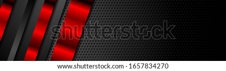 Black and red metal stripes on dark perforated background. Vector hi-tech geometric design