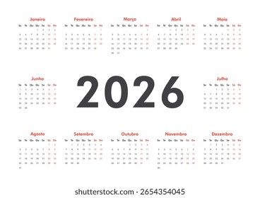 Calendário português vertical preto e vermelho 2026 A4, tabelas mensais com datas, início da semana de segunda-feira