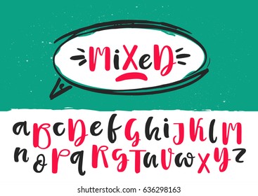 Black and red mixed lowercase and uppercase handwritten vector brush pen alphabet on green background inside white dialog balloon.