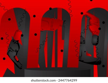 Black and red mock-up product display with drill. Vector cylinder pedestal podium. Power Tool Stage showcase for presentation. Minimal geometric forms.