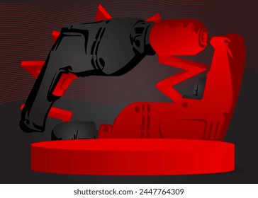 Black and red mock-up product display with drill. Vector cylinder pedestal podium. Power Tool Stage showcase for presentation. Minimal geometric forms.