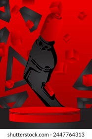 Expositor de maquetas en negro y rojo con taladro. Podio de pedestal de cilindro de Vector. Presentación de Power Tool Stage. Formas geométricas mínimas.