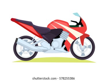 Black and red modern fast motorbike on white background. Two wheels and tyres throttle seat with powerful engine exhaust system footrests fuel system. Isolated on green grass vector illustration