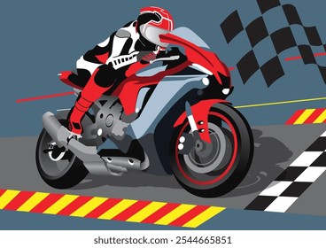 A black and red motorcycle racing on a long road.