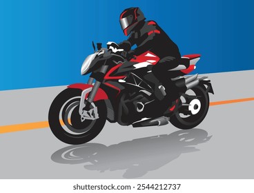 A black and red motorcycle speeds on a long road.