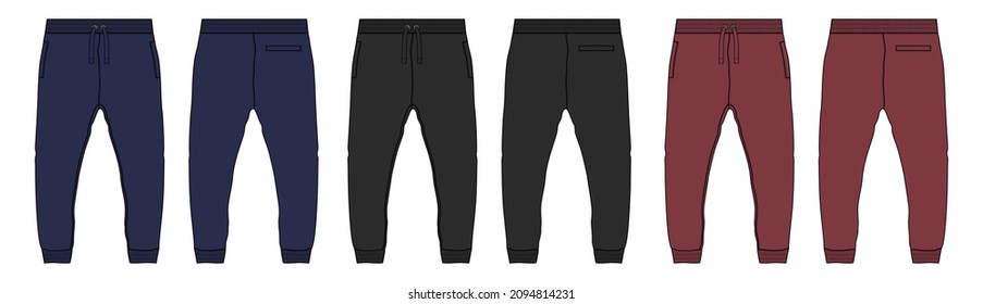 Black, Red, navy color Basic Sweat pant technical fashion flat sketch template front, back views. Apparel Fleece Cotton jogger pants vector illustration drawing mock up for kids and boys.
