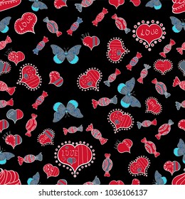 Black, red and neutral. Vector fancy love shape seamless pattern background. Valentines Day.