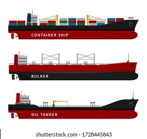 Black red oil tanker, container ship, bulker isolated. Vector illustration set, nautical vessel floating in the ocean. Dry cargo with goods, fuel, gasoline, petroleum, import export transport industry