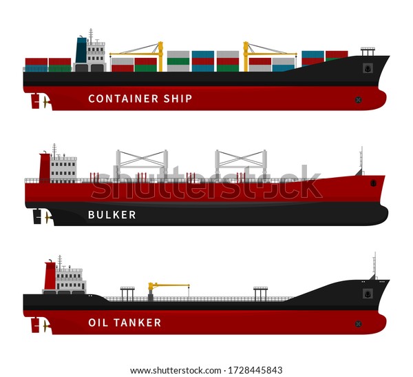 黒い赤いオイルタンカー コンテナ船 バルカー 海に浮かぶ船舶のベクターイラストセット 物品 燃料 ガソリン 石油 輸入輸出輸送産業を含む乾燥貨物 のベクター画像素材 ロイヤリティフリー