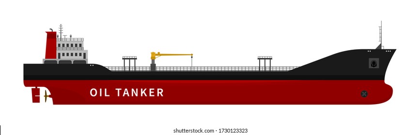 Black red oil tanker isolated on white background. Flat vector illustration of cargo ship with fuel and petroleum transport import export industry. Nautical vessel in the ocean.