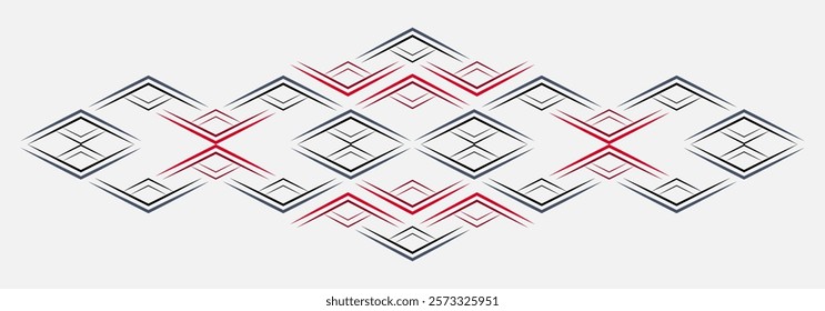 Black red ornamental geometric design element. Black rhombuses with sharp lines on white background. Folklore stylized ethnic ornament. Country style isolated decor for clothes, card, web, etc