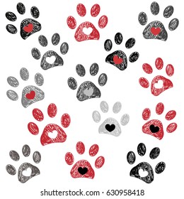 Black and red paw print with hearts background