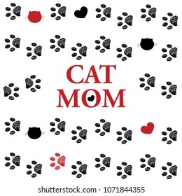 Black Red paw prints. Cat mom text. Happy Mother's Day greeting card