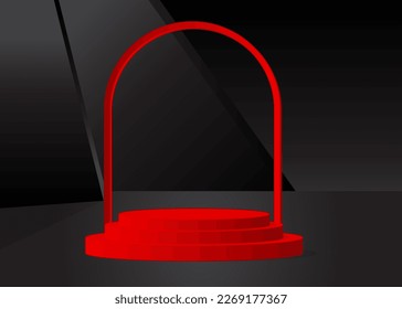 Black and red pedestal podium. Futuristic stage showcase for presentation. Sci-fi minimal mockup product display. Abstract geometric forms, empty scene.