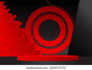 Black and red pedestal podium. Futuristic stage showcase for presentation. Sci-fi minimal mockup product display. Abstract geometric forms, empty scene.