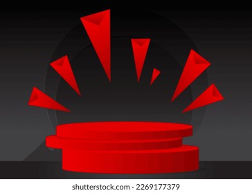 Black and red pedestal podium. Futuristic stage showcase for presentation. Sci-fi minimal mockup product display. Abstract geometric forms, empty scene.
