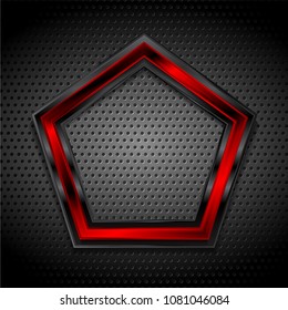 Black And Red Pentagon Shape On Perforated Metallic Texture. Vector Graphic Design